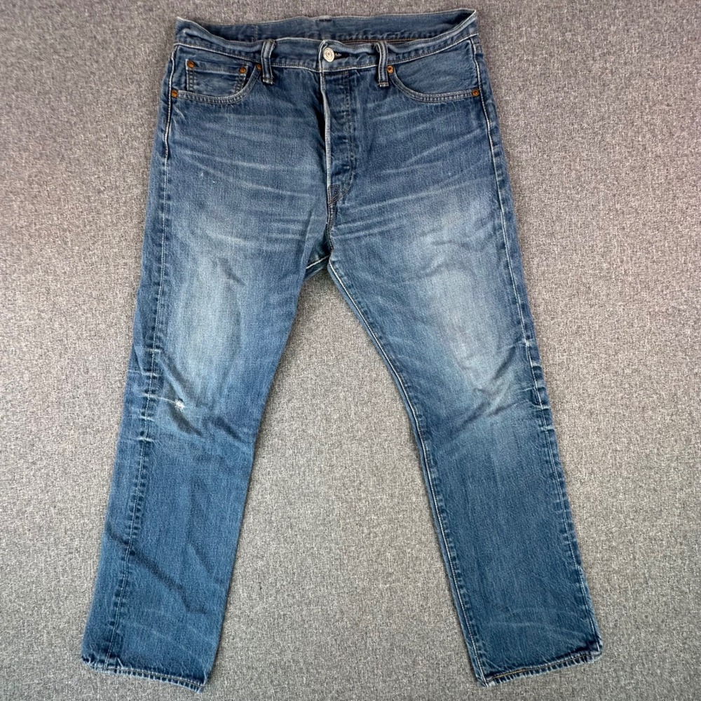 Levis Jeans Mens 36 501 Original Fit Blue Straight Leg Button Fly Distressed